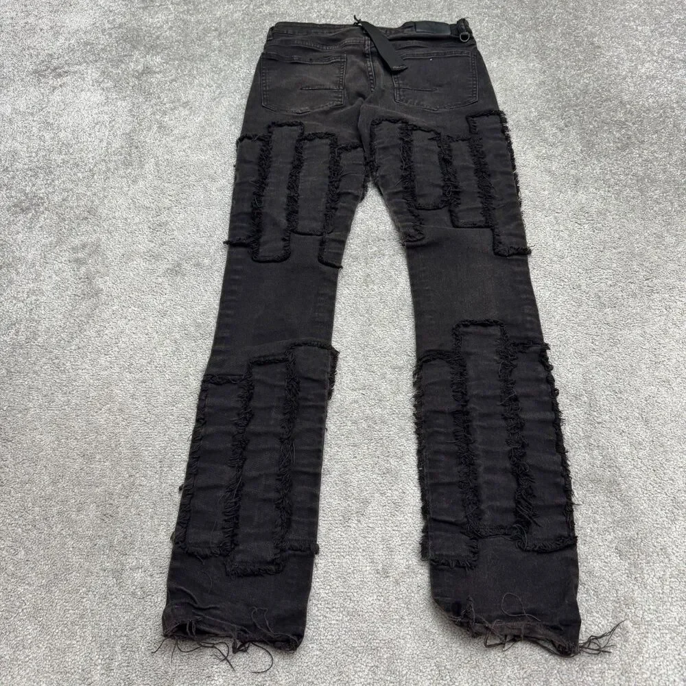 KDNK Distressed Frayed Patchwork Skinny Denim Jeans Mens 30 Black Grunge Edgy